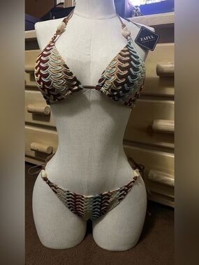 Zaful Multicolor Crochet Tie Bikini - Brown, Blue & Cream Size XL